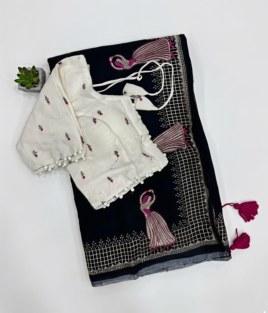 Heritage Function Wear Chanderi Cotton Embroidery n Tussels Work Fancy Saree With Stitched Blouse