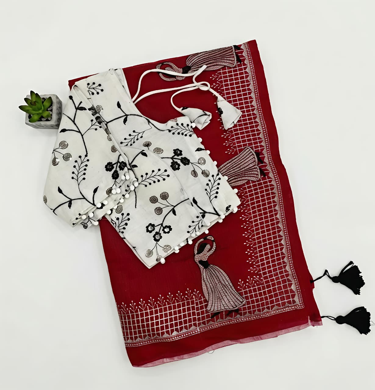 Heritage Function Wear Chanderi Cotton Embroidery n Tussels Work Fancy Saree With Stitched Blouse