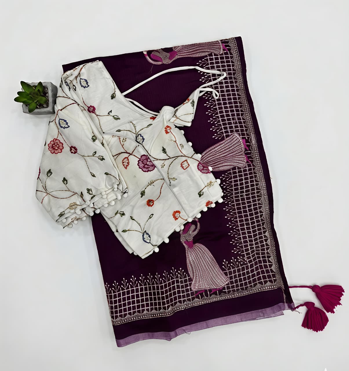 Heritage Function Wear Chanderi Cotton Embroidery n Tussels Work Fancy Saree With Stitched Blouse