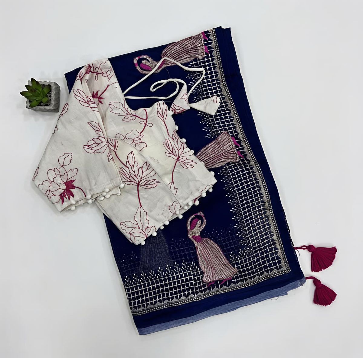 Heritage Function Wear Chanderi Cotton Embroidery n Tussels Work Fancy Saree With Stitched Blouse