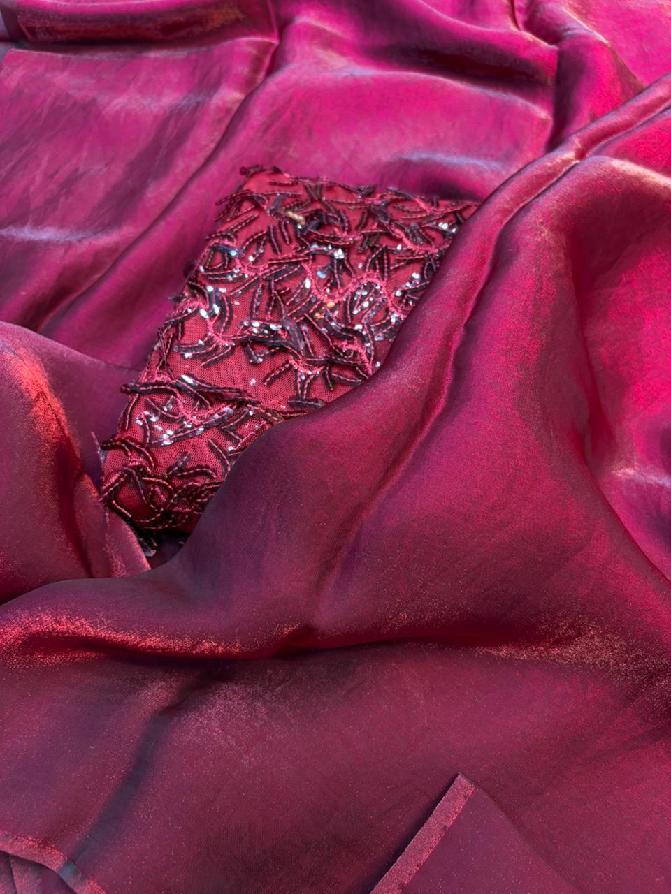 Regal Party Wear Silk Designer Saree With Beads Heavy Work Blouse Piece
