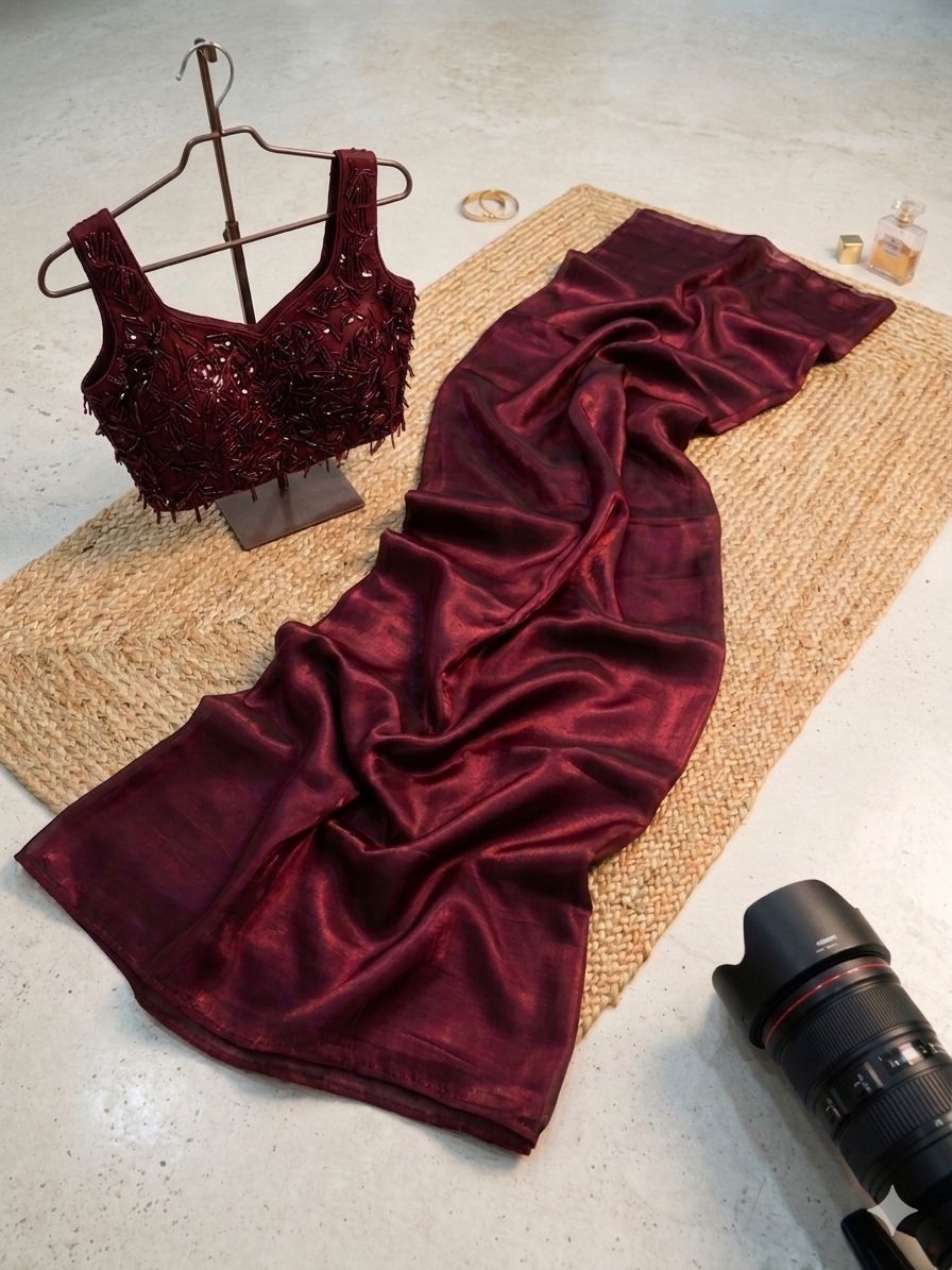 Regal Party Wear Silk Designer Saree With Beads Heavy Work Blouse Piece