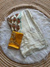 Load image into Gallery viewer, Blissful Function Wear Pure Soft Chinnon Silk Embroidery n Mirror Work Border Fancy Saree With Contrast Blouse Piece
