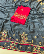 Load image into Gallery viewer, Adorning Party Wear Rangoli Silk Heavy Embroidery n Sequence Multi Thread Work Designer Saree With Contrast Blouse Piece
