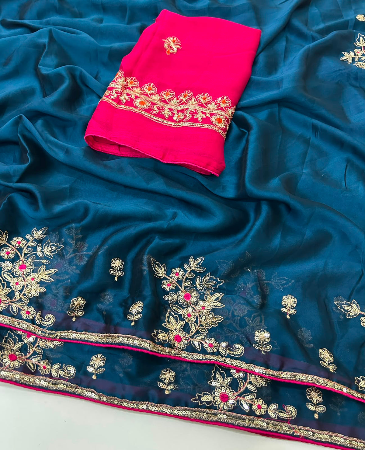 Adorning Party Wear Rangoli Silk Heavy Embroidery n Sequence Multi Thread Work Designer Saree With Contrast Blouse Piece