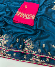 Load image into Gallery viewer, Adorning Party Wear Rangoli Silk Heavy Embroidery n Sequence Multi Thread Work Designer Saree With Contrast Blouse Piece
