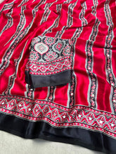 Load image into Gallery viewer, Incredible Function Wear Soft Satin Silk Ajrak Printed Rich Pallu n Original Mirror Work Designer Saree With Blouse Piece
