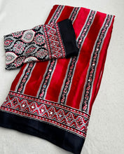 Load image into Gallery viewer, Incredible Function Wear Soft Satin Silk Ajrak Printed Rich Pallu n Original Mirror Work Designer Saree With Blouse Piece

