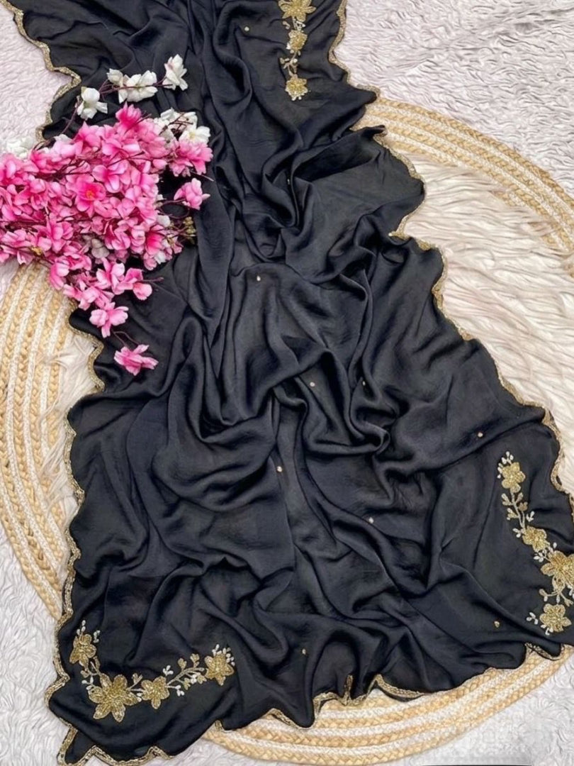 Regal Wedding Wear Silk Embroidery n Sequence Work Designer Saree With Unstitched Blouse