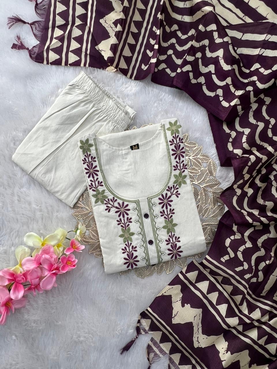 Forbearance Wedding Wear Cotton Embroidery n Sequence Work Designer Straight Kurta With Trouser n Dupatta Set