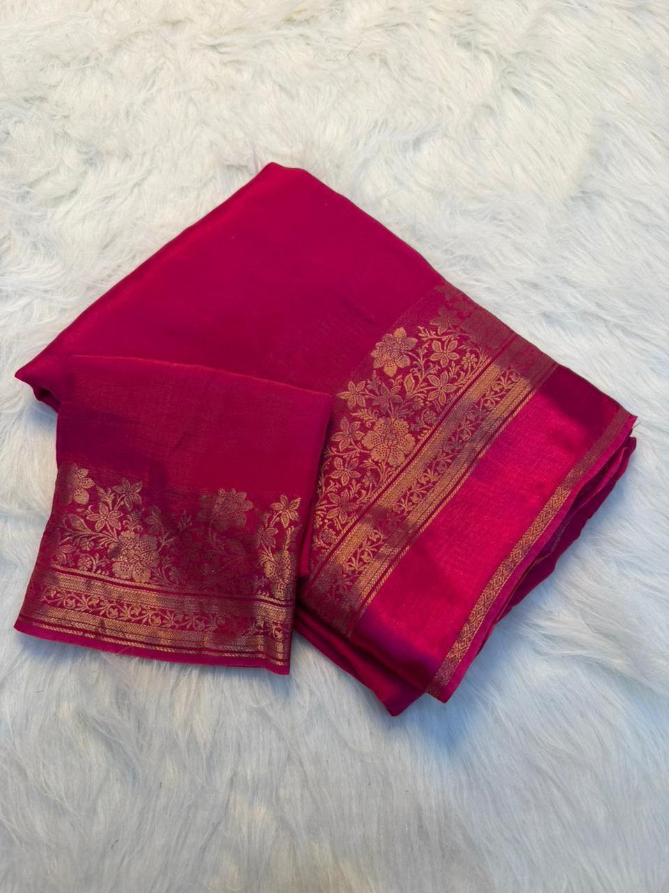 Fantabulous Party Wear Viscose Silk Satin Border Zari Design Fancy Saree With Blouse Piece