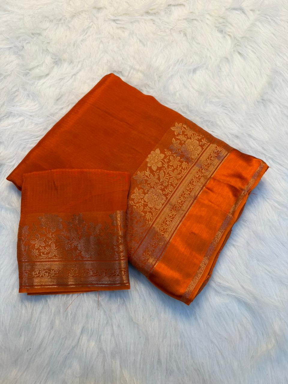 Fantabulous Party Wear Viscose Silk Satin Border Zari Design Fancy Saree With Blouse Piece