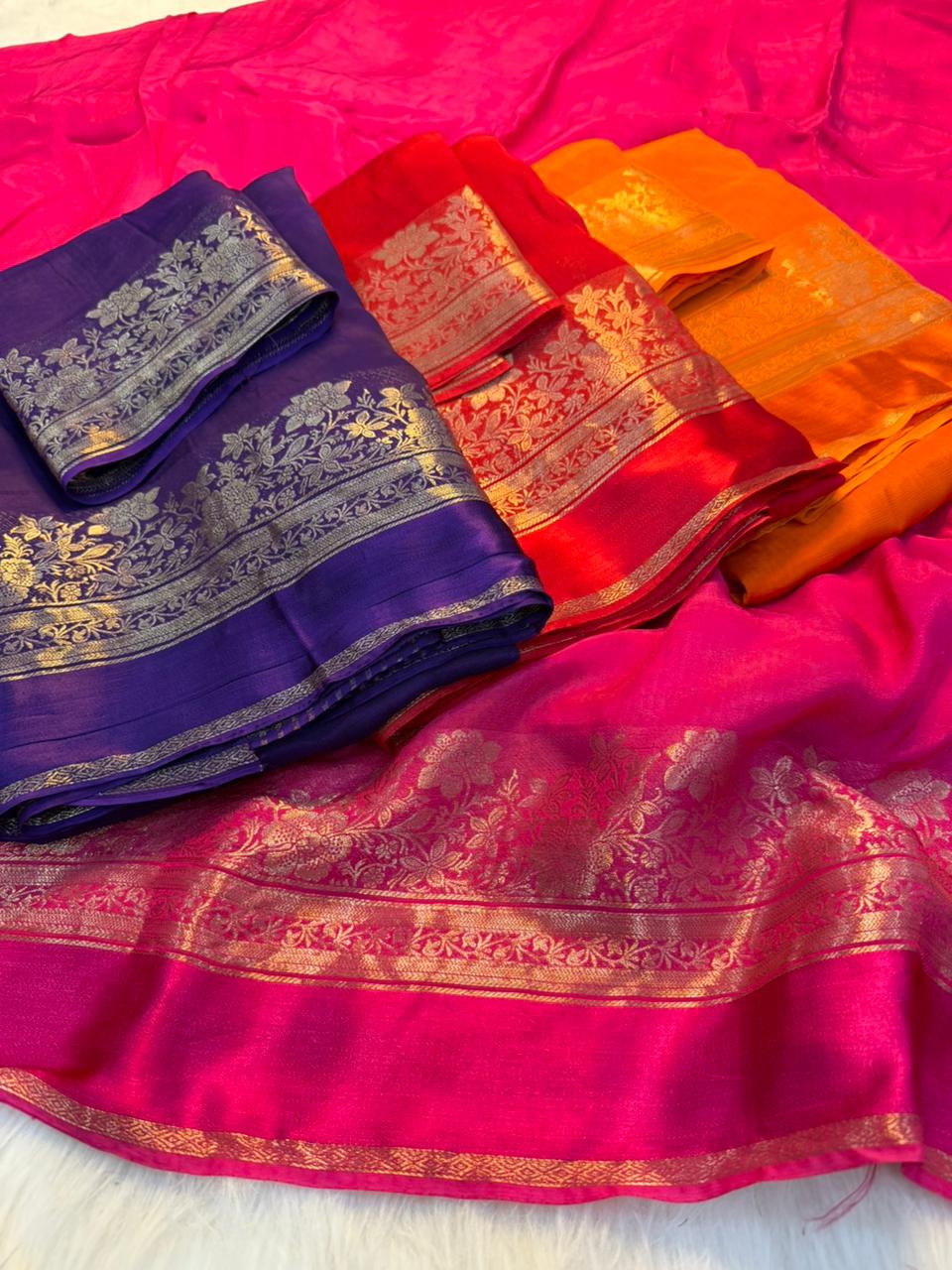 Fantabulous Party Wear Viscose Silk Satin Border Zari Design Fancy Saree With Blouse Piece