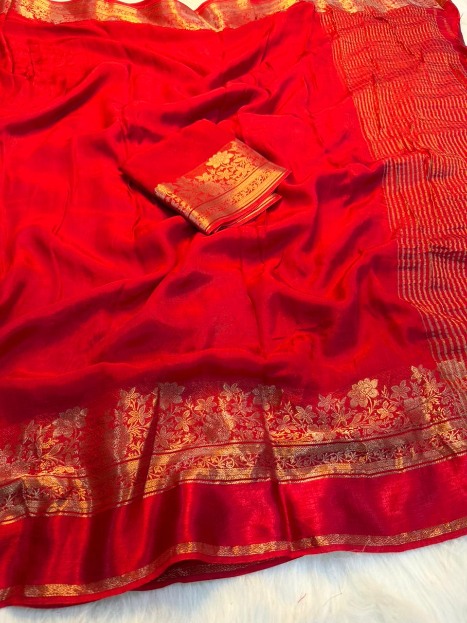 Fantabulous Party Wear Viscose Silk Satin Border Zari Design Fancy Saree With Blouse Piece