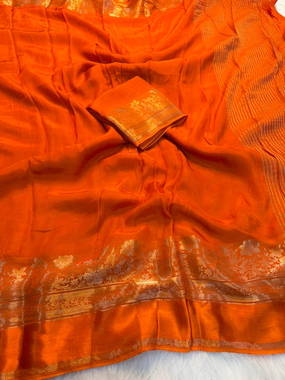 Fantabulous Party Wear Viscose Silk Satin Border Zari Design Fancy Saree With Blouse Piece