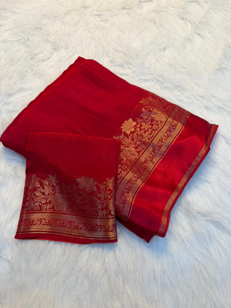 Fantabulous Party Wear Viscose Silk Satin Border Zari Design Fancy Saree With Blouse Piece