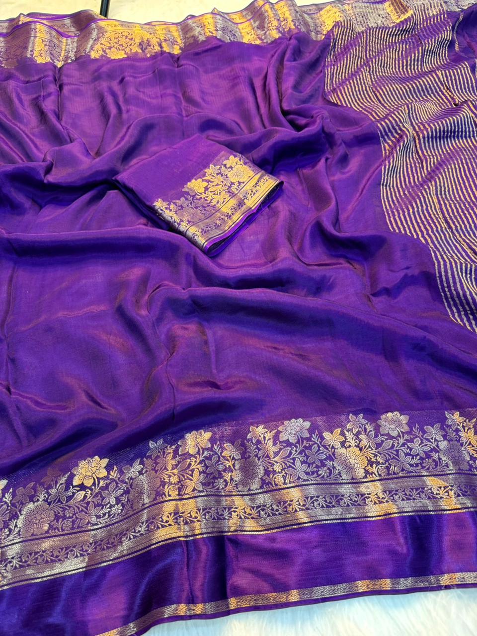 Fantabulous Party Wear Viscose Silk Satin Border Zari Design Fancy Saree With Blouse Piece