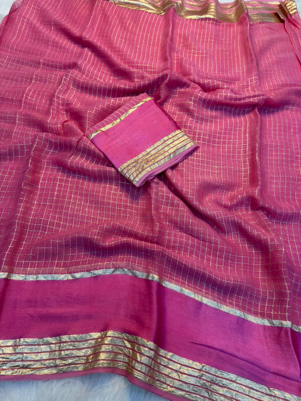 Charming Party Wear Pure Viscose Georgette Satin Patta Border Saree With Blouse Piece