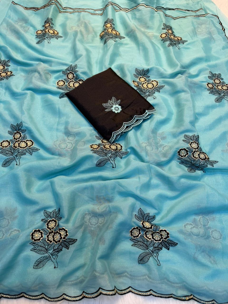 Adorning Party Wear Pure Soft Rangoli Silk Embroidery Thread Work Designer Saree With Blissful Blouse
