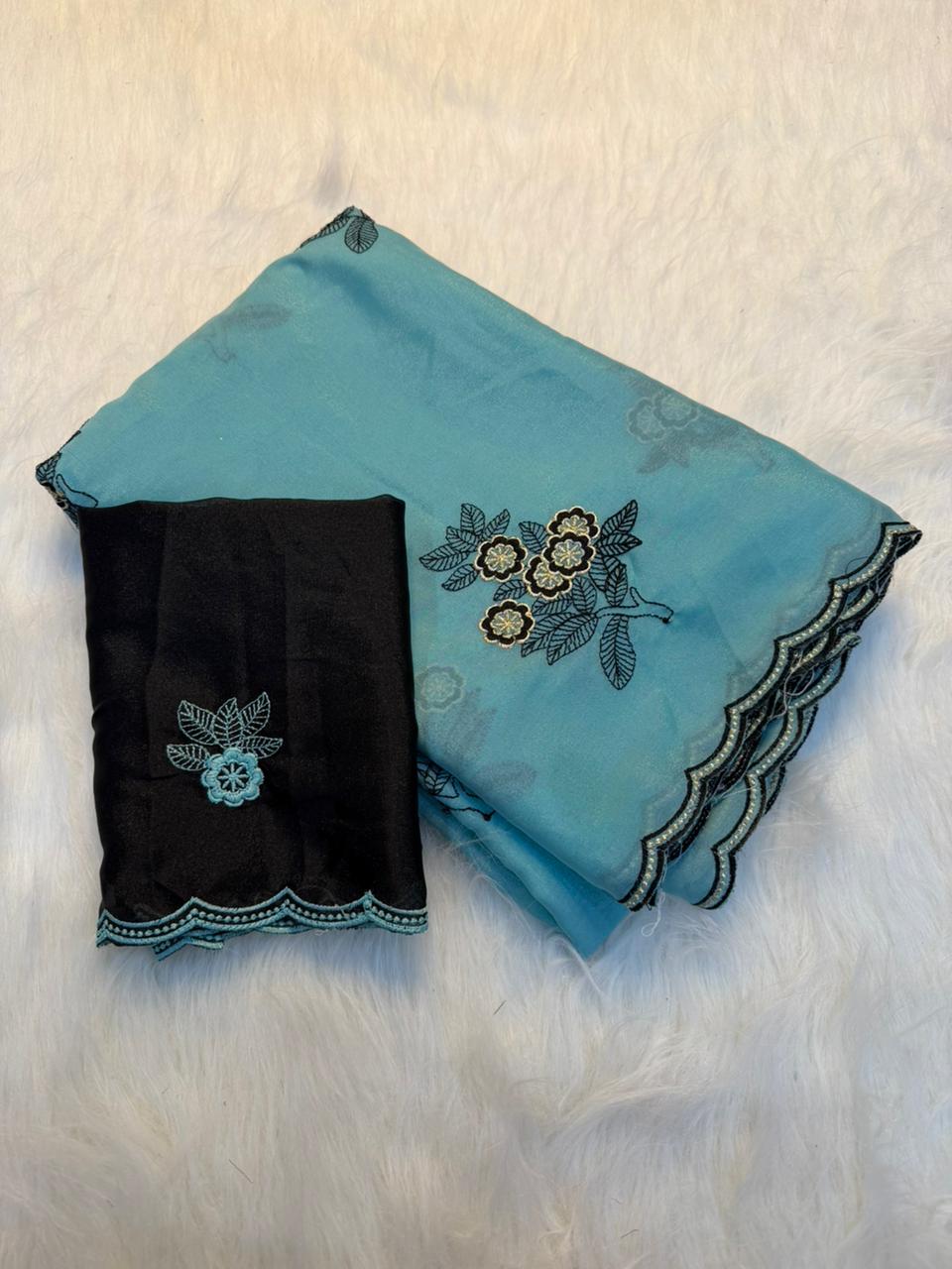 Adorning Party Wear Pure Soft Rangoli Silk Embroidery Thread Work Designer Saree With Blissful Blouse