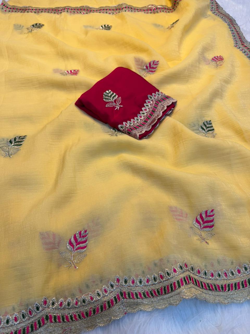 Heritage Function Wear Crunchy Silk Embroidery n Cut Work Designer Saree With Contrast Blouse Piece
