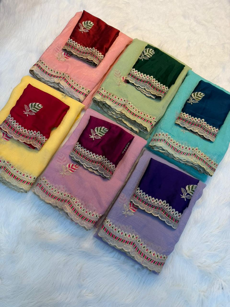 Heritage Function Wear Crunchy Silk Embroidery n Cut Work Designer Saree With Contrast Blouse Piece