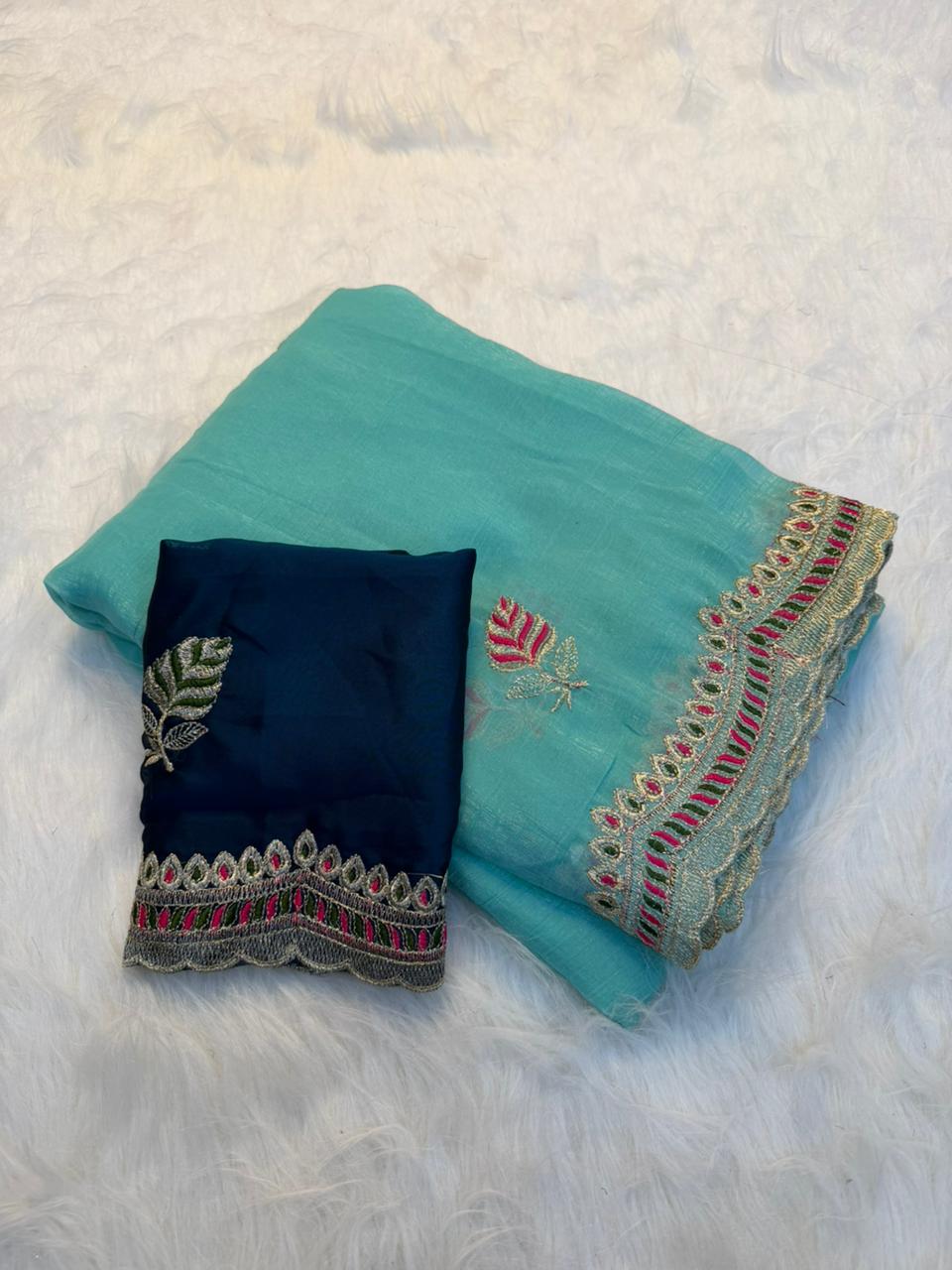 Heritage Function Wear Crunchy Silk Embroidery n Cut Work Designer Saree With Contrast Blouse Piece