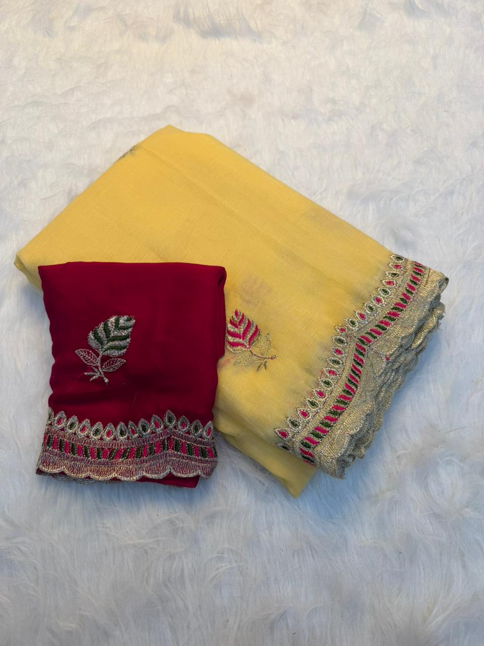 Heritage Function Wear Crunchy Silk Embroidery n Cut Work Designer Saree With Contrast Blouse Piece