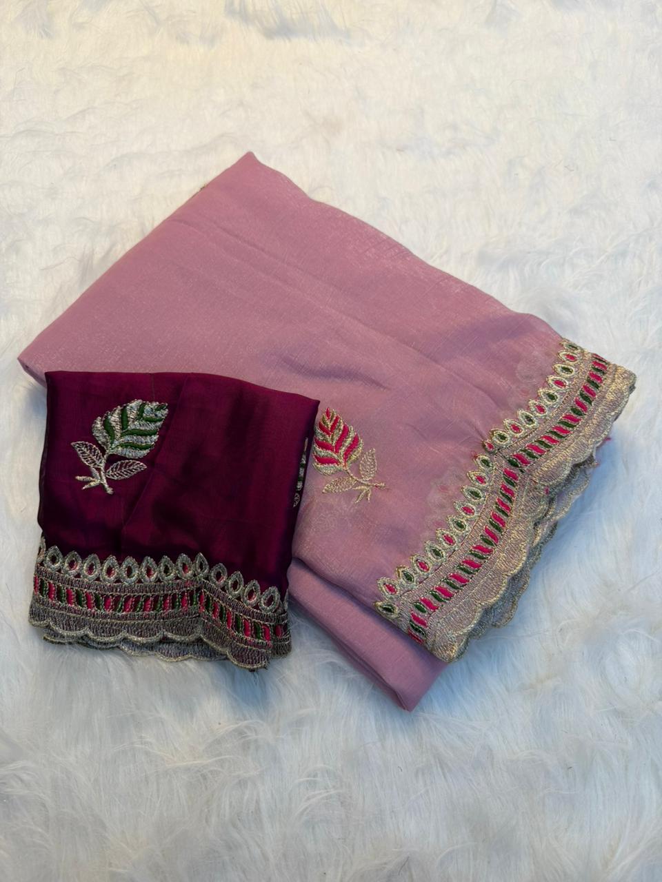 Heritage Function Wear Crunchy Silk Embroidery n Cut Work Designer Saree With Contrast Blouse Piece