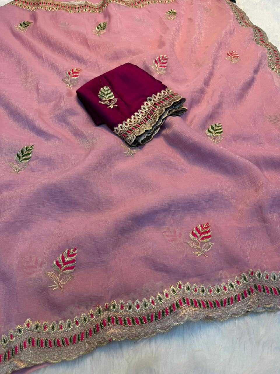 Heritage Function Wear Crunchy Silk Embroidery n Cut Work Designer Saree With Contrast Blouse Piece