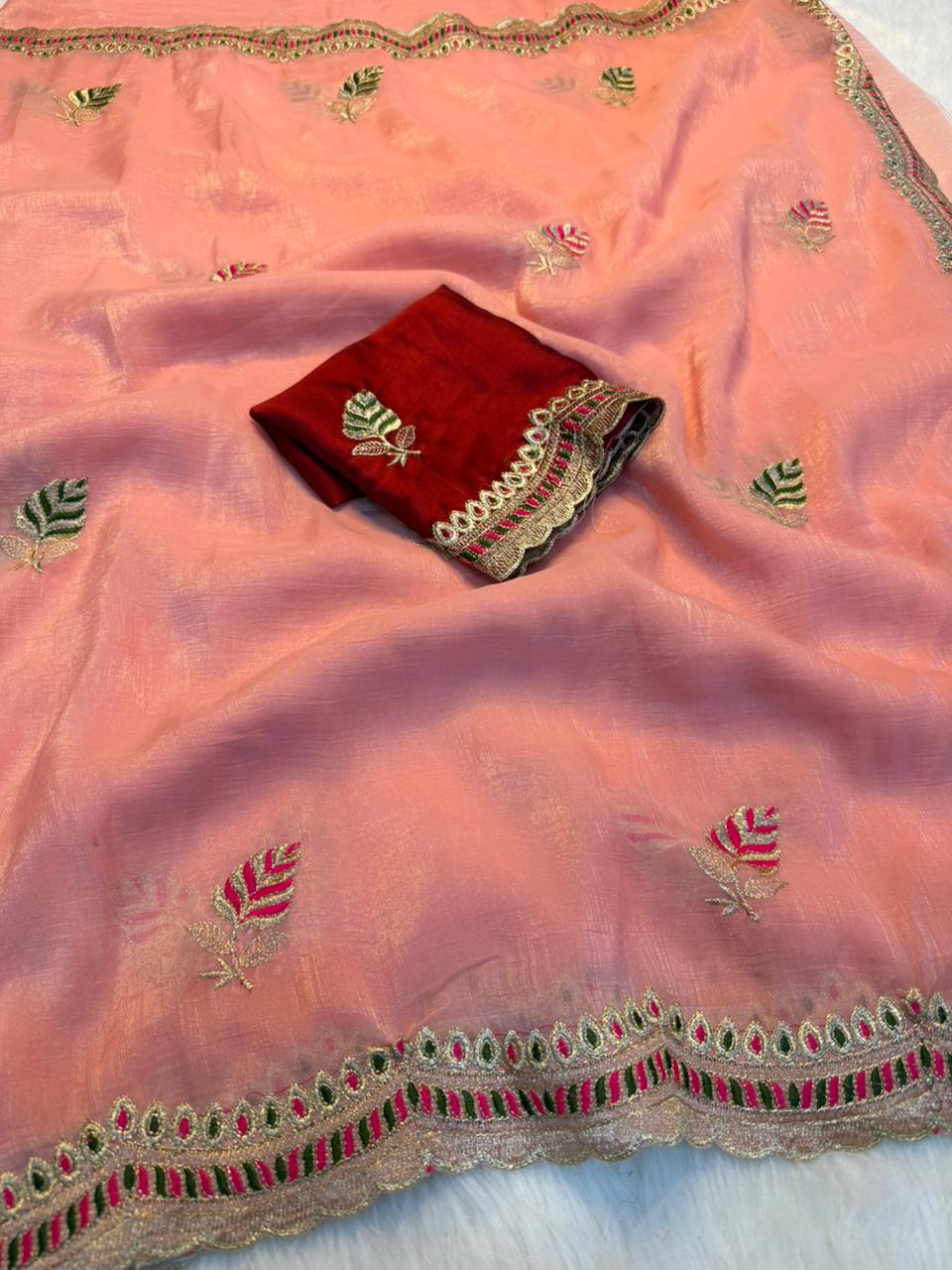 Heritage Function Wear Crunchy Silk Embroidery n Cut Work Designer Saree With Contrast Blouse Piece