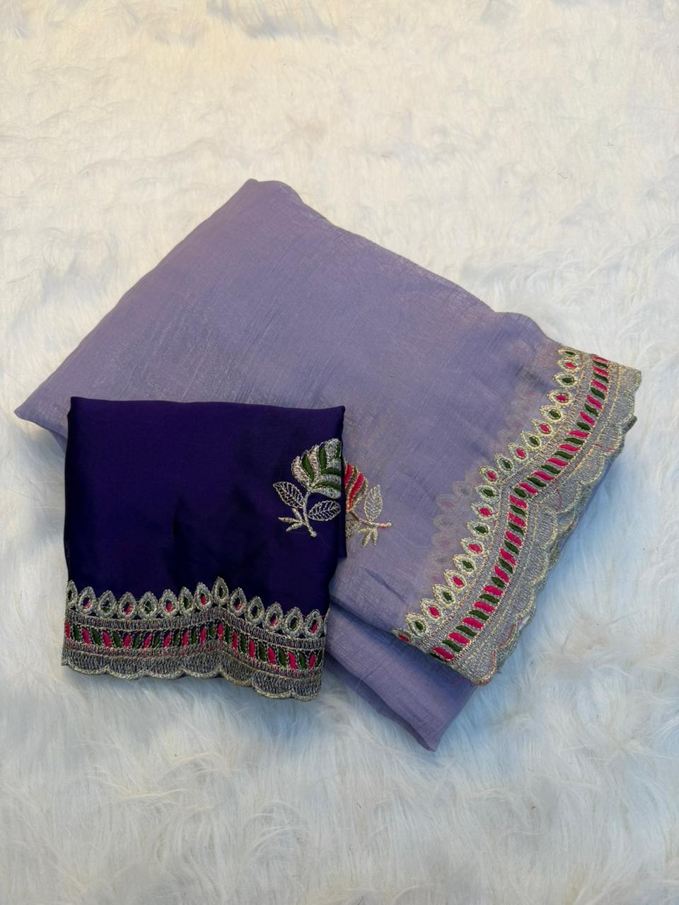 Heritage Function Wear Crunchy Silk Embroidery n Cut Work Designer Saree With Contrast Blouse Piece