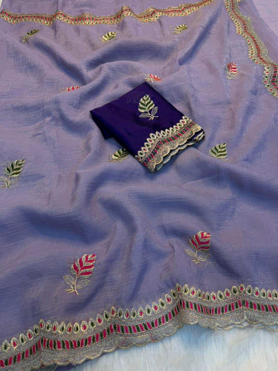 Heritage Function Wear Crunchy Silk Embroidery n Cut Work Designer Saree With Contrast Blouse Piece