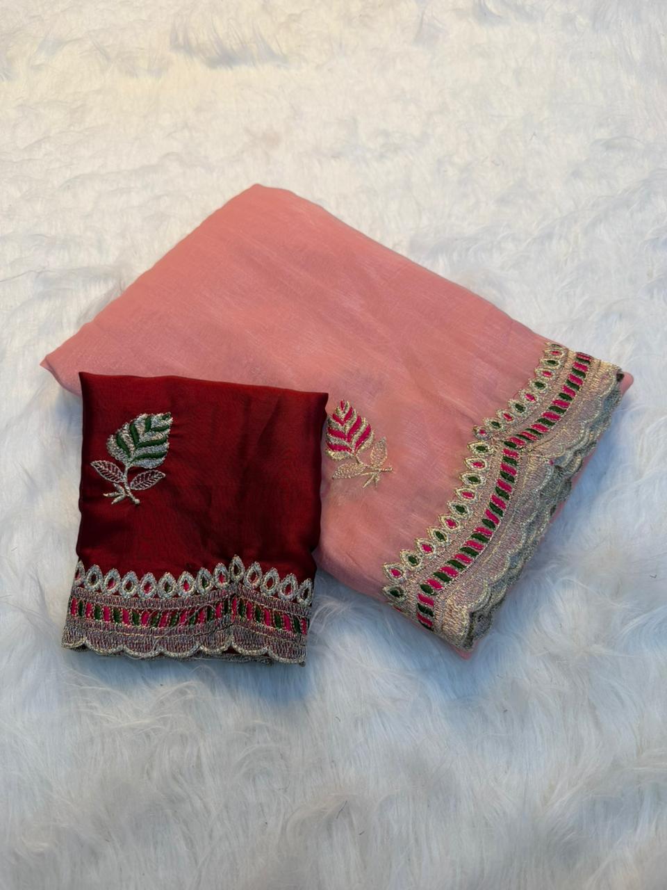 Heritage Function Wear Crunchy Silk Embroidery n Cut Work Designer Saree With Contrast Blouse Piece