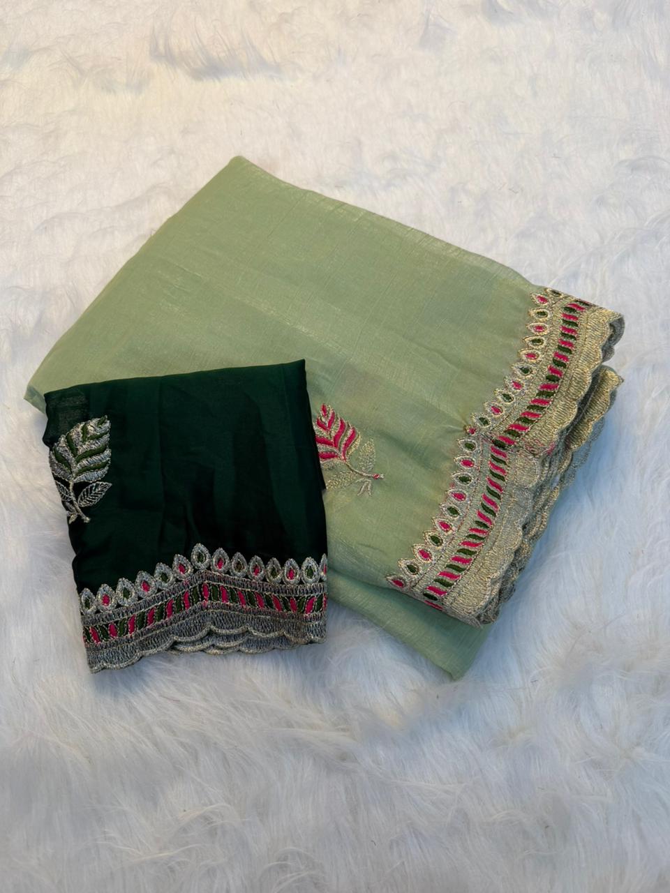 Heritage Function Wear Crunchy Silk Embroidery n Cut Work Designer Saree With Contrast Blouse Piece