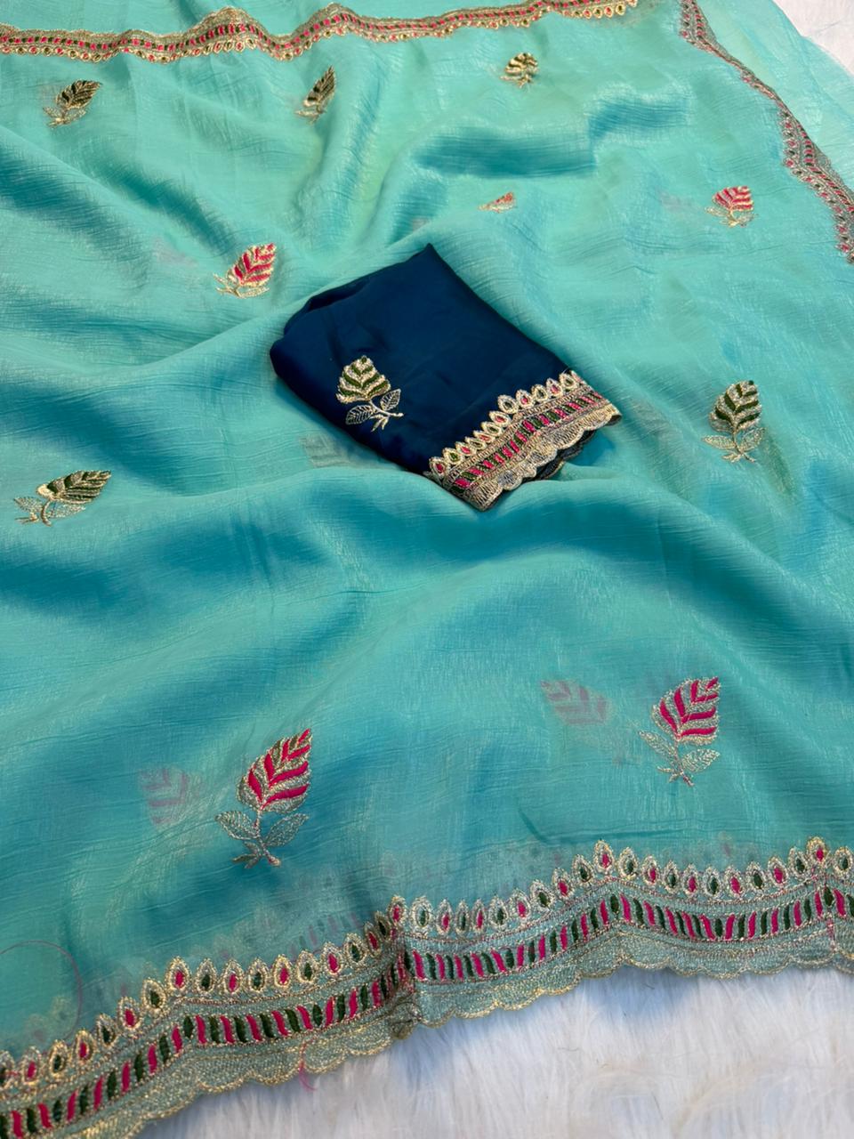 Heritage Function Wear Crunchy Silk Embroidery n Cut Work Designer Saree With Contrast Blouse Piece