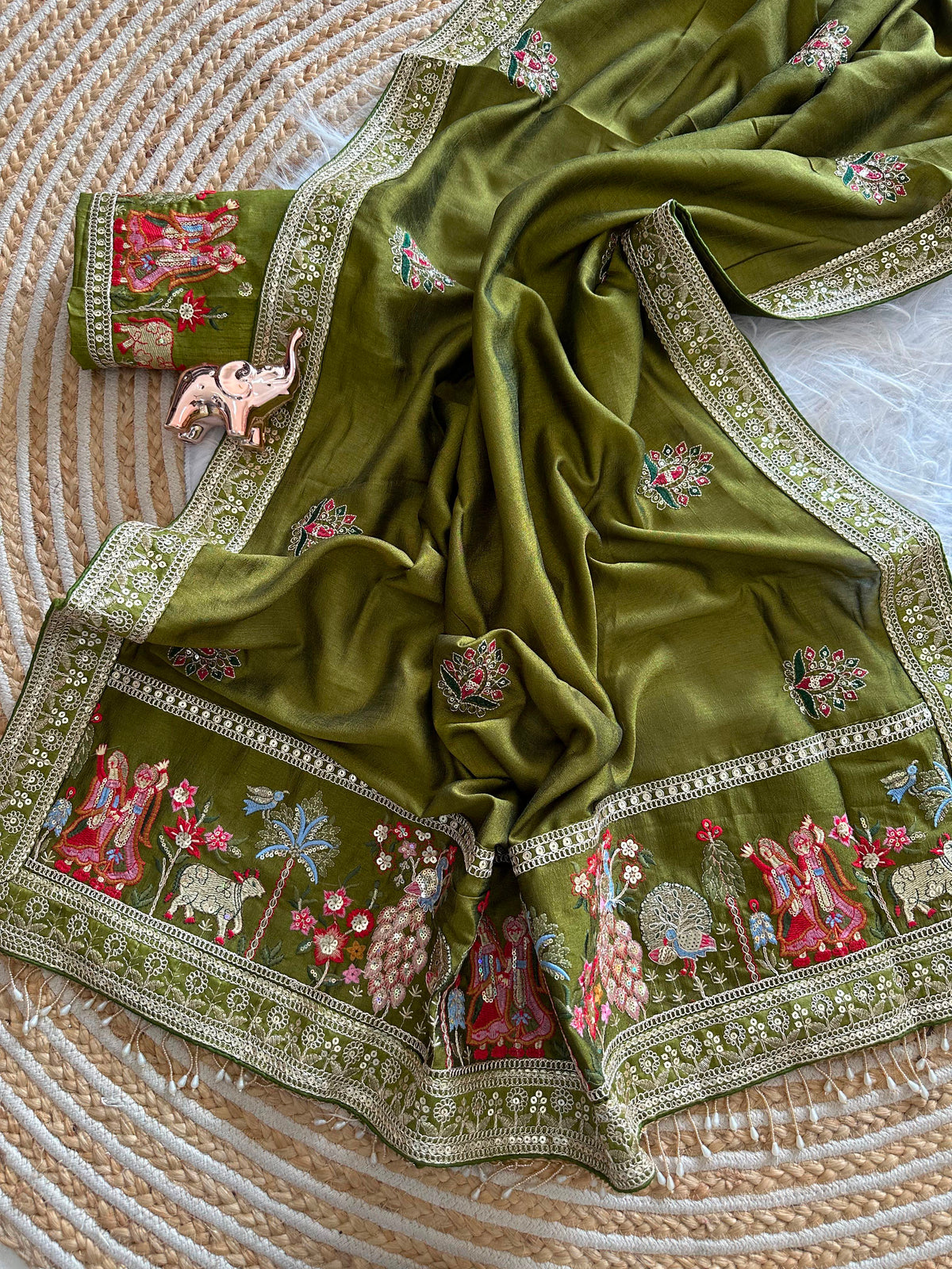 Glamorous Party Wear Pure Vichitra Silk Embroidery n Butta Work Lace Border Designer Saree For Women