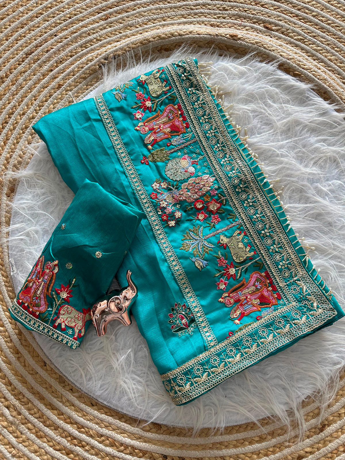 Glamorous Party Wear Pure Vichitra Silk Embroidery n Butta Work Lace Border Designer Saree For Women
