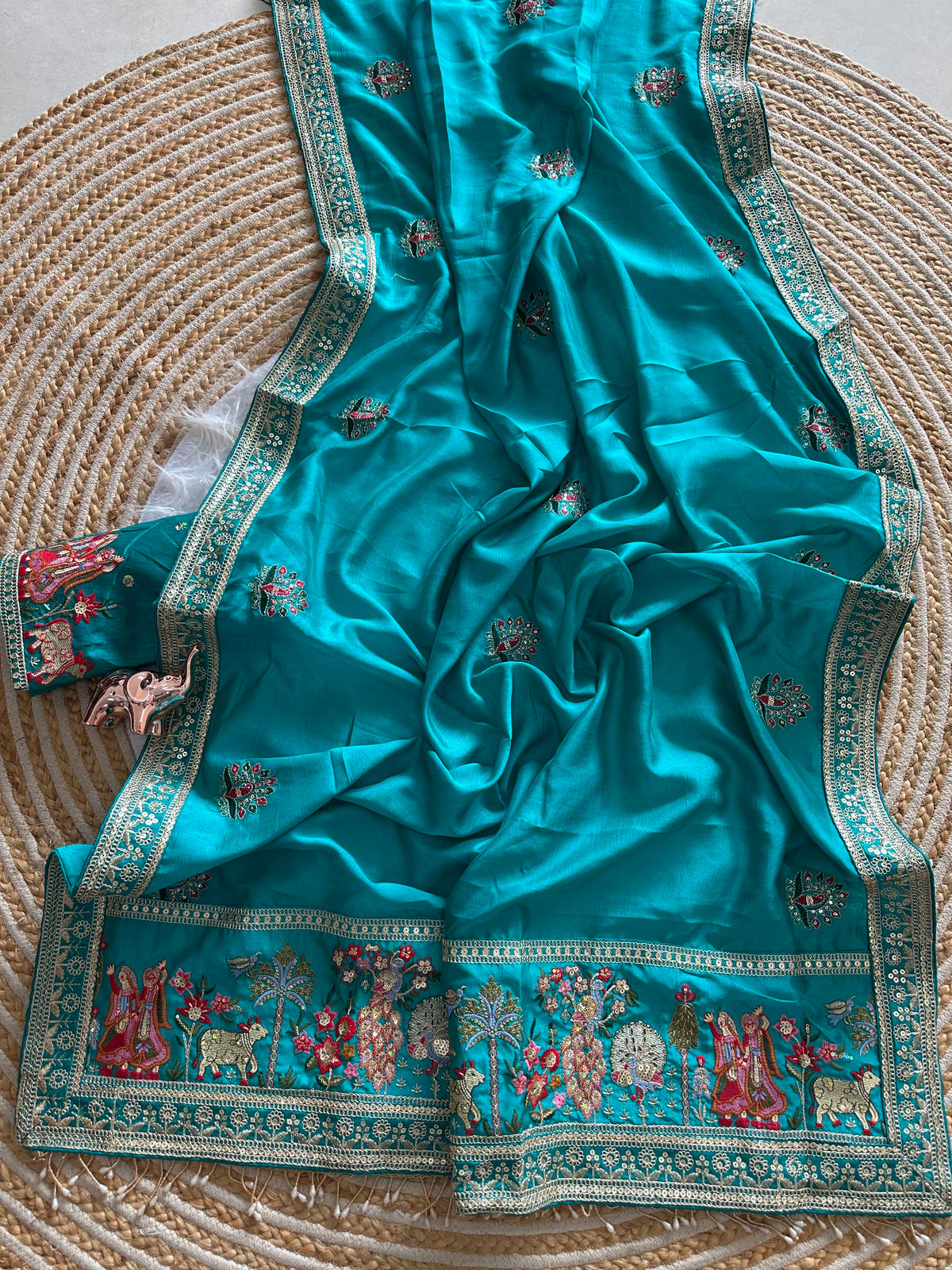 Glamorous Party Wear Pure Vichitra Silk Embroidery n Butta Work Lace Border Designer Saree For Women