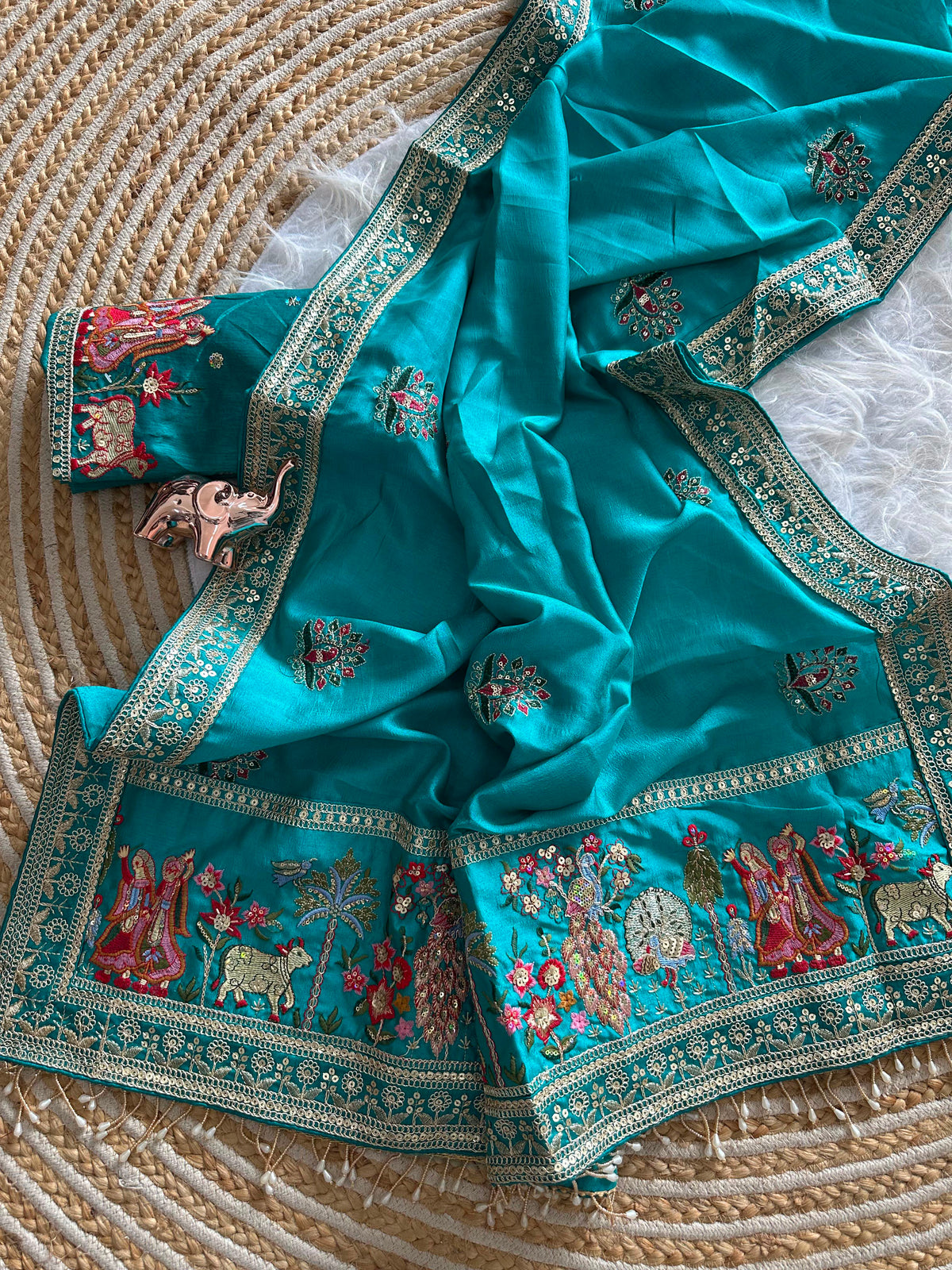 Glamorous Party Wear Pure Vichitra Silk Embroidery n Butta Work Lace Border Designer Saree For Women