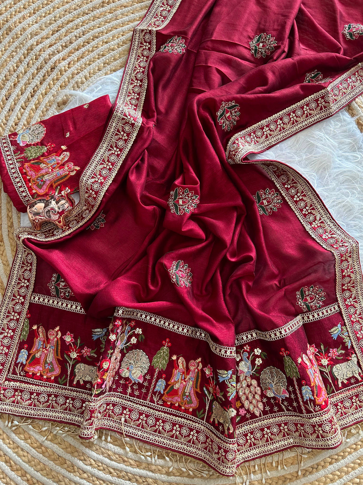 Glamorous Party Wear Pure Vichitra Silk Embroidery n Butta Work Lace Border Designer Saree For Women