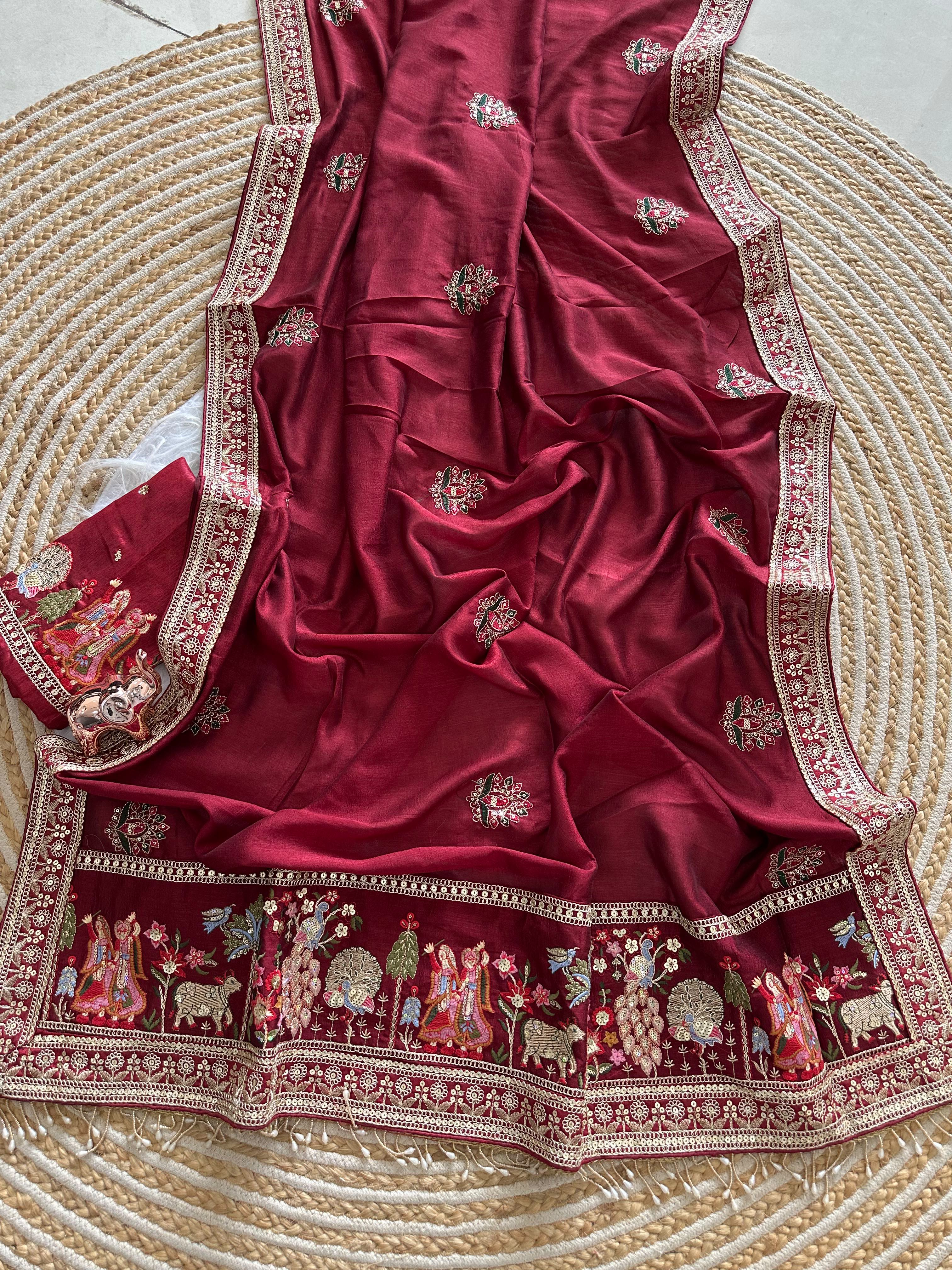 Glamorous Party Wear Pure Vichitra Silk Embroidery n Butta Work Lace Border Designer Saree For Women