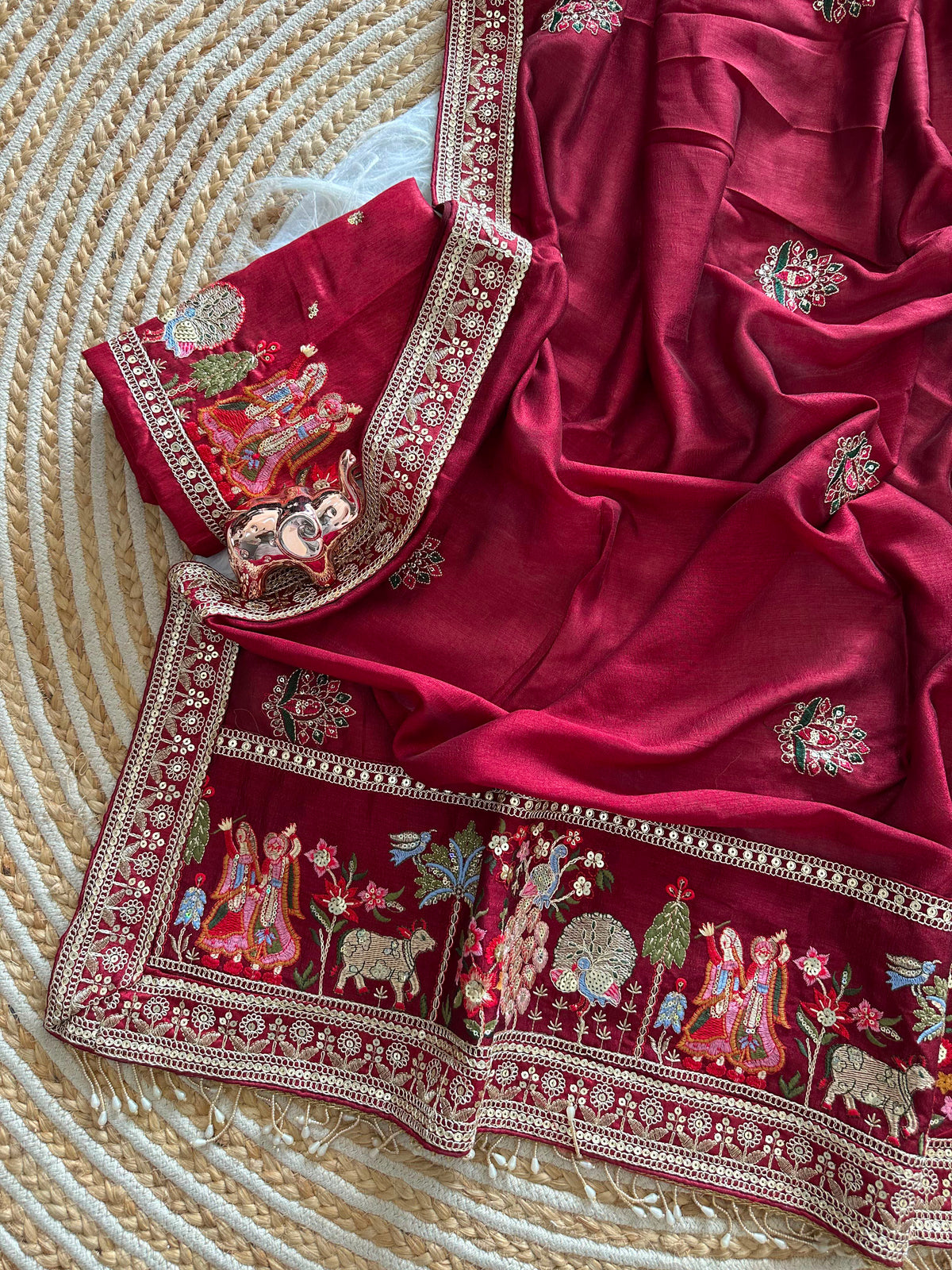 Glamorous Party Wear Pure Vichitra Silk Embroidery n Butta Work Lace Border Designer Saree For Women