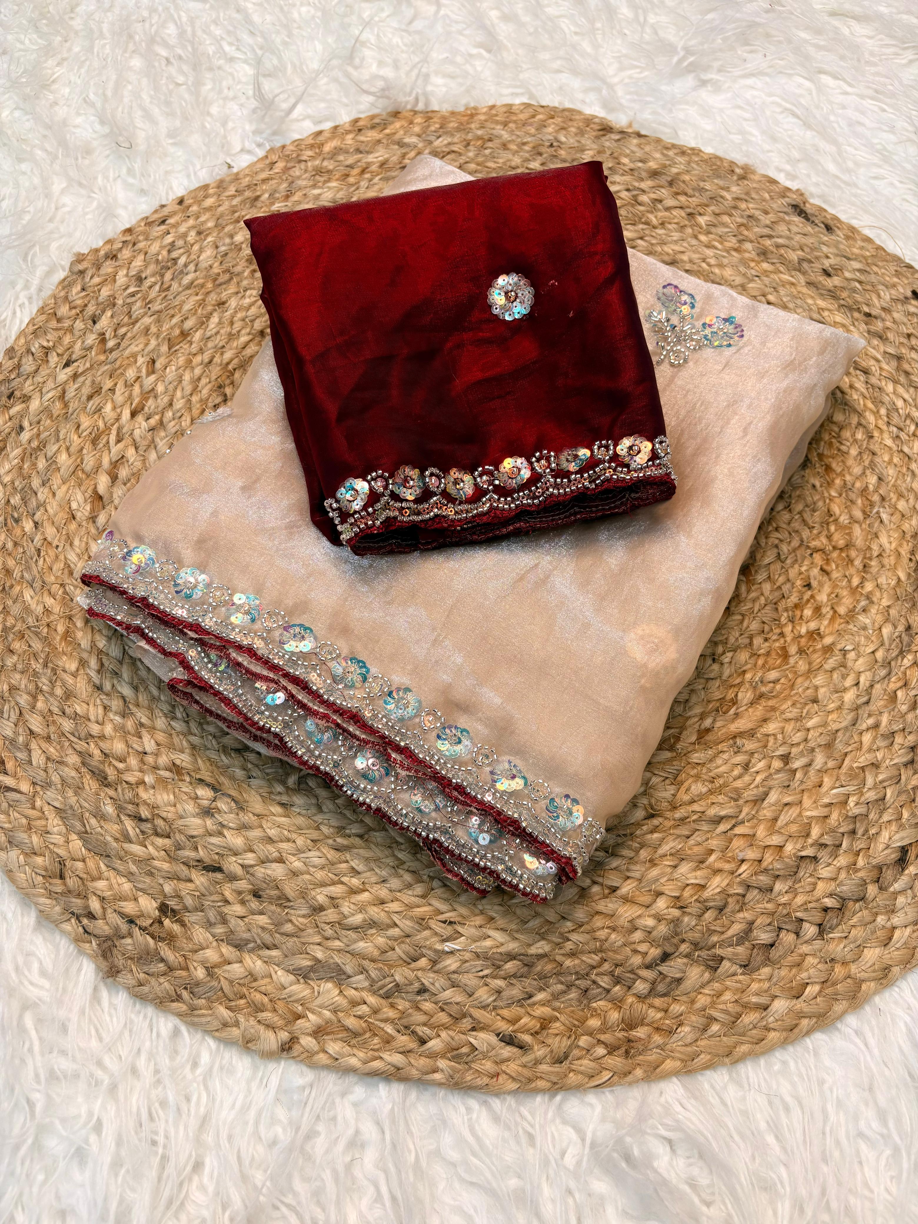Admirable Function Wear Silk Handwork n Beads Work Designer Saree With Blissful Blouse Piece