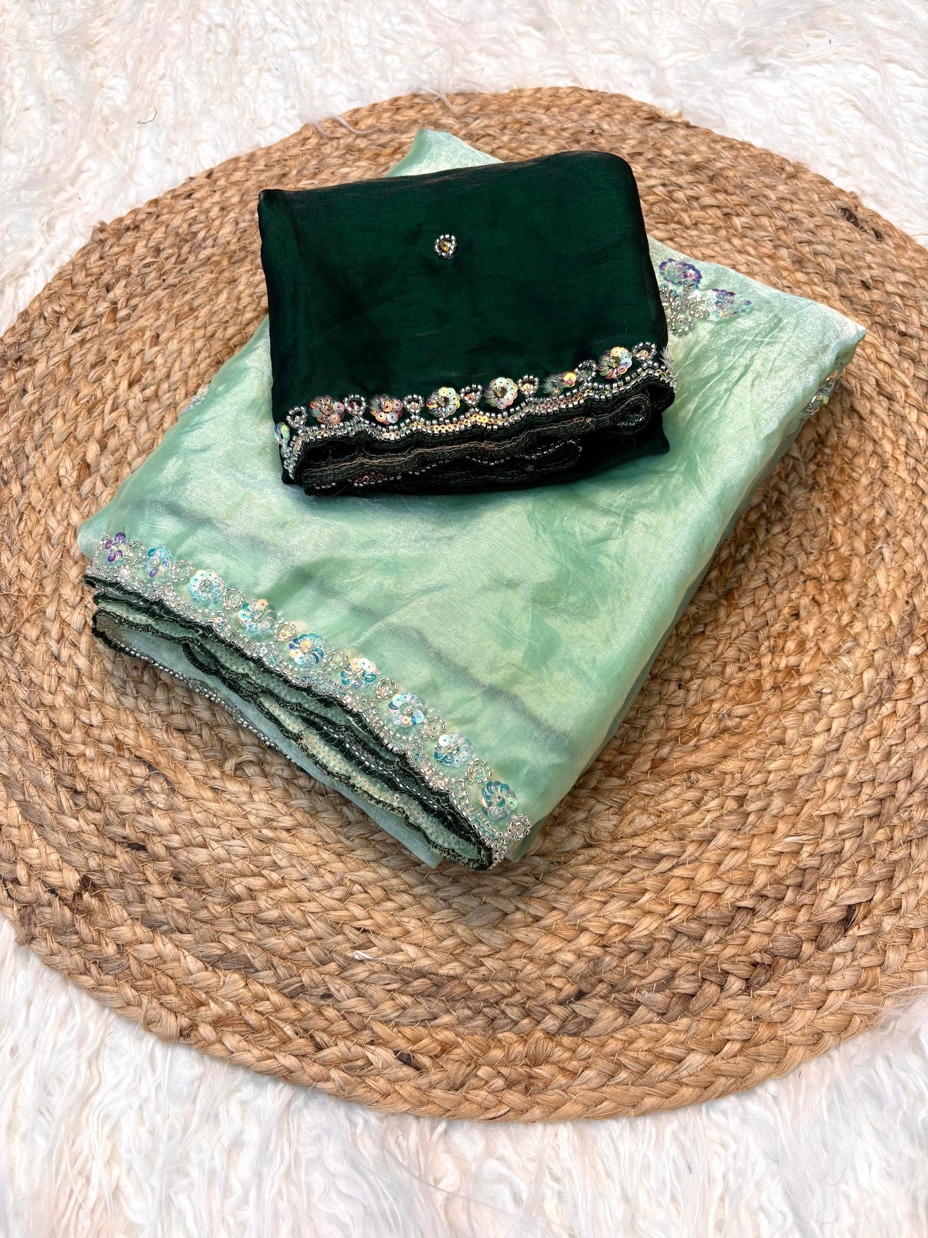 Admirable Function Wear Silk Handwork n Beads Work Designer Saree With Blissful Blouse Piece
