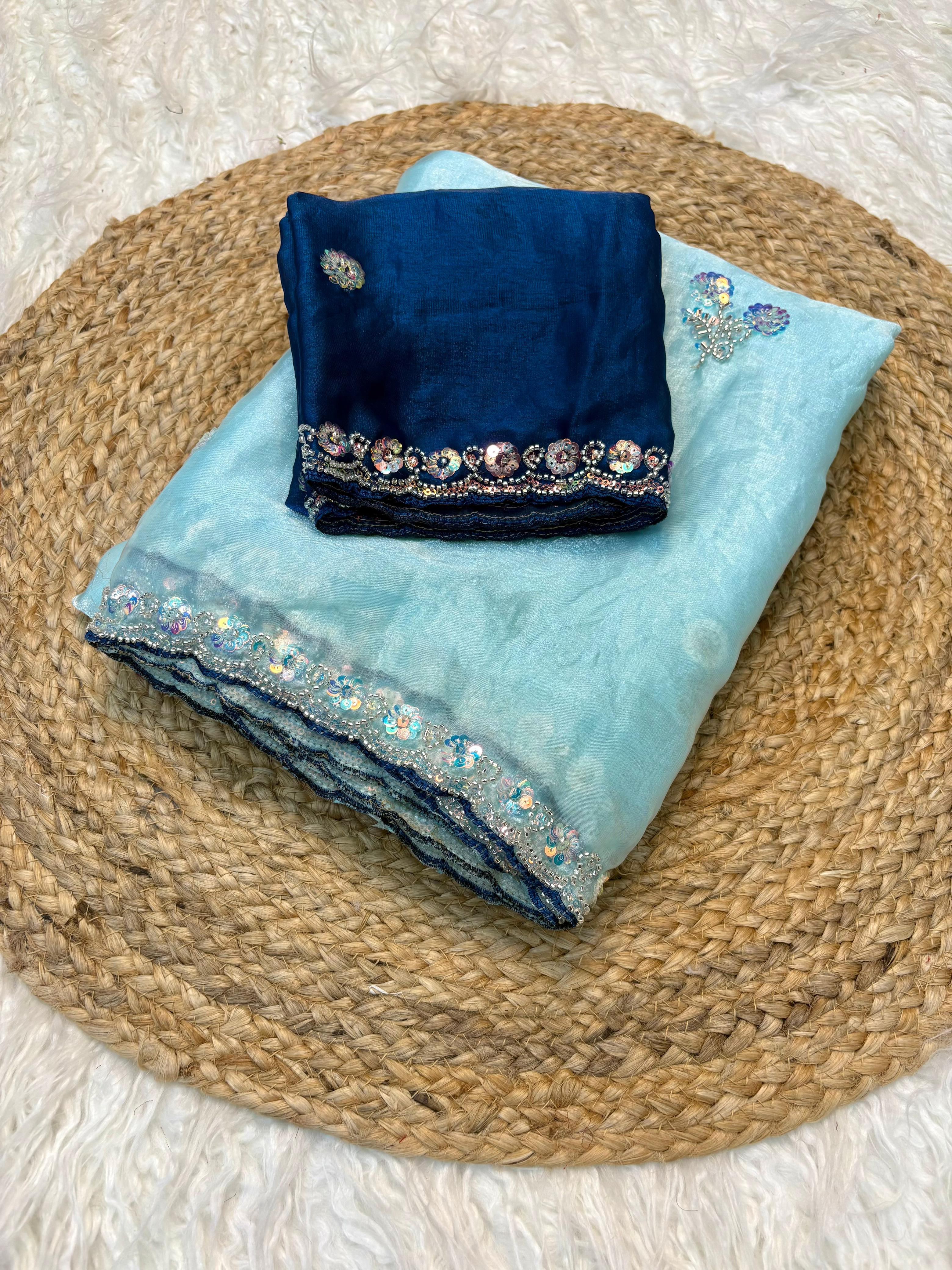 Admirable Function Wear Silk Handwork n Beads Work Designer Saree With Blissful Blouse Piece