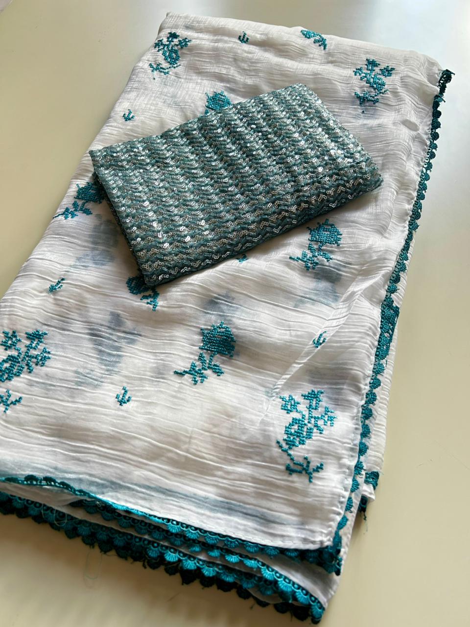 Mellifluous Function Wear Crunchy Crush Silk Embroidery Work Fancy Saree For Occasion