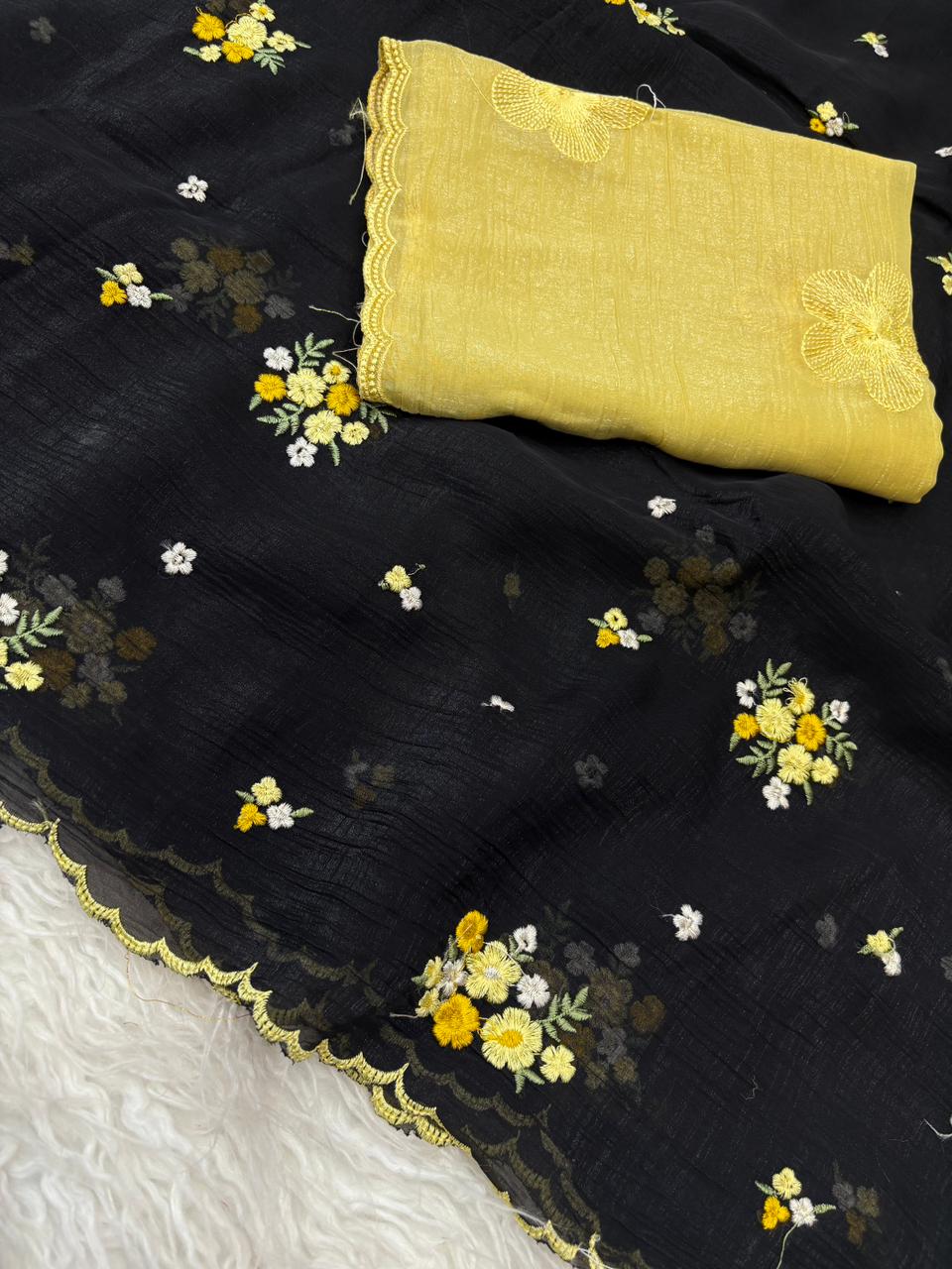 Charismatic Party Wear Crunchy Silk Embroidery Work Saree With Contrast Blouse Piece