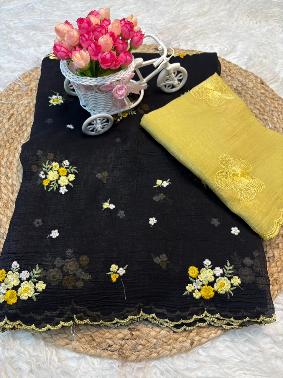 Charismatic Party Wear Crunchy Silk Embroidery Work Saree With Contrast Blouse Piece