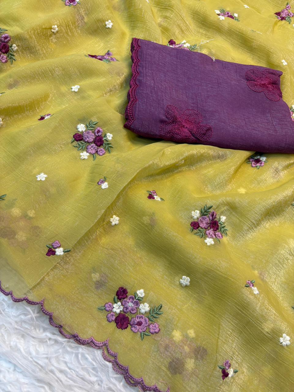 Charismatic Party Wear Crunchy Silk Embroidery Work Saree With Contrast Blouse Piece